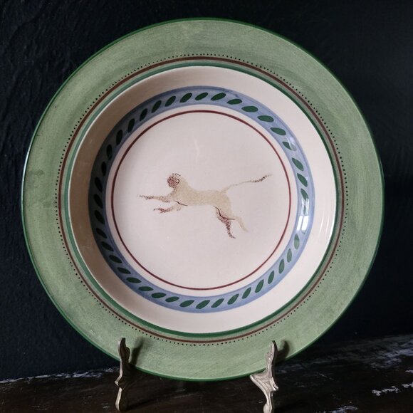 Vtg Handcrafted Zimbabwe Pottery Bowl Green Trim & Brown Monkey Design, Signed - Picture 1 of 6